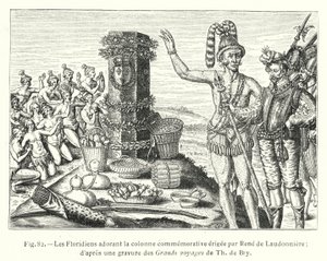 De Floridianen aanbidden de herdenkingszuil opgericht door René de Laudonnière; naar een gravure uit de Grote reizen van Th de Bry (gravure)