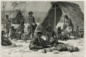 Les Indiens Galibis (of Kalinas) maken aardewerk, gravure door D.Maillart, ter illustratie van de ontdekkingsreis in het binnenland van Guyana door Dr. Jules Crevaux, arts van de Franse marine, in 1876-1877, gepubliceerd in le tour du monde, onder leiding 