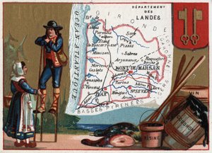 Les Landes, Aquitaine, Frankrijk. Serie over de Franse departementen. Lokale specialiteit: teer en wijnhars. Herder van de Landes. Chromolithografie "de geografische draad", circa 1920. Privécollectie door French School