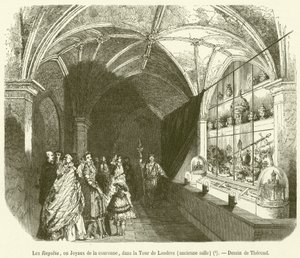 De Regalia, of Kroonjuwelen, in de Tower of London, oude zaal door French School