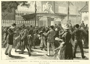 De omgeving van de tentoonstelling, de kaartverkopers bij de Tourville-poort, Palais des Machines, tekening van M Guilliod door French School