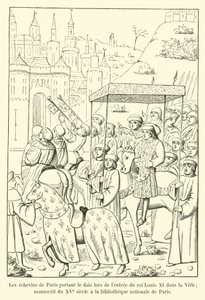 De schepenen van Parijs dragen het baldakijn bij de intocht van koning Lodewijk XI in de stad; manuscript uit de 15e eeuw in de nationale bibliotheek van Parijs door French School