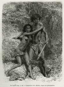 De vluchtende aboriginals, gravure naar een tekening van D. Maillart, ter illustratie van het verhaal zes maanden in Australië, door Désiré Charnay, een missieopdracht van het Ministerie van Openbaar Onderwijs, in 1878, gepubliceerd in de tour du monde, on door French School