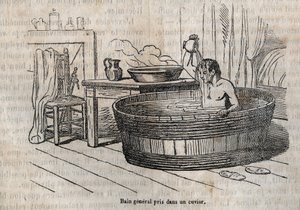 De gebaren van het bad - Hygiëne in de 19e eeuw - bad in een kom - gravure in 