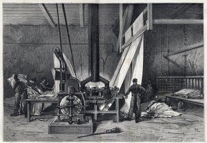 De grote fabrieken - Verven erie Boutarel in Clichy la Garenne - Het weefsel van de stoffen - gravure uit 1869 door French School
