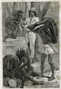 Les porters (caucheros), in Darien (regio van oostelijk Panama), gravure naar een tekening van D.Maillart, ter illustratie van het verhaal Exploration at the isthms of Panama and Darien, door A. Reclus, luitenant van schip, van 1876 tot 1878, gepubliceerd  door French School