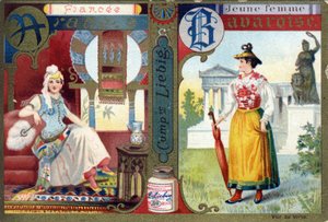 Letter A als Arabische verloofde en B als Beierse jonge vrouw. Vrouwenalfabet. Serie van 12 afbeeldingen. Liebig reclame door French School