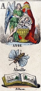 Letter A zoals Engel, Bij en Album. Een beschermengel bij een kind dat in een wieg slaapt. Kleine encyclopedische alfabet. Beeld van Epinal, circa 1860