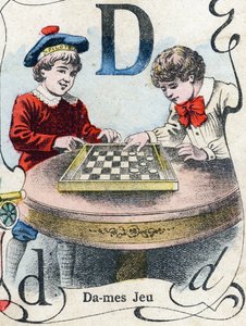 Letter D: Dammen. Gravure in "ABC des joux pour petits boys". Beeldvorming van Pont-a-Mousson, Louis Vagne, drukker-uitgever, eind 19e eeuw. Afm: 32,5x25 cm door French School