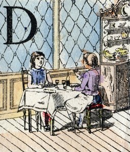 Letter D, meisje speelt dinette. ABC van de kleine meisjes. Epinal beeld