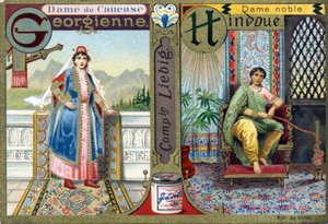 Letter G als Georgische Kaukasische Dame en H als Hindoe Adellijke Dame. Vrouwenalfabet. Serie van 12 afbeeldingen. Liebig reclame door French School