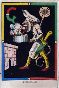 Letter G als gargotier. Alfabet van apen. Houtsnede. Beeld van Epinal door French School