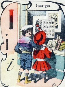 Letter I: afbeeldingen. Gravure in "ABC des joux pour petits boys". Beeldvorming van Pont-a-Mousson, Louis Vagne, drukker-uitgever, eind 19e eeuw. Afm: 32,5x25 cm