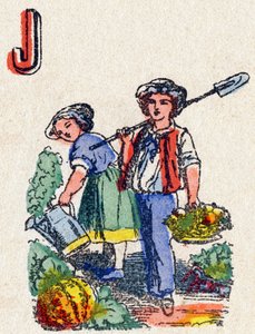 Letter J Tuiniers. Gravure in "Alphabet des jeux". Mr. Vagne, redacteur, Pont-a-Mousson, eind 19e eeuw. Roze serie. 12 pagina
