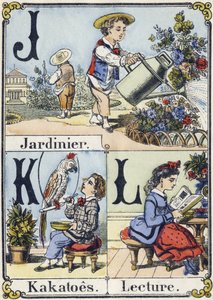 Letter J, K en L: tuinman, kakatoes en lezen. Recreatief alfabet. Epinal beeld, circa 1880 door French School