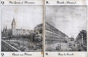 Letter Q en A: De bloemenkade en de straat van Rivoli - "Alphabet Picturesque des Monumens de Paris” c.1840 (gravure) door French School