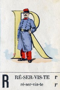 Letter R als reservist. Militair alfabet. Beeldvorming van Epinal, circa 1870-1880