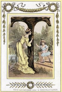 Brief T die een moeder en haar dochter verstoppertje spelend voorstelt, eind 19e eeuw (chromolithografie) door French School