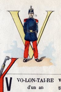 Letter V als vrijwilliger. Militair alfabet. Beeldvorming van Epinal, circa 1870-1880. Stencil-gekleurde houtsneden