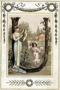 Brief die een moeder die lier speelt en haar dochter die danst met pauken voorstelt, eind 19e eeuw (chromolithografie)