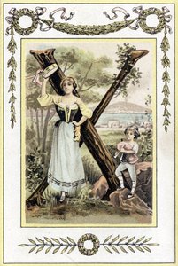 Brief die een moeder met een pauk en haar zoon als herder met een doedelzak voorstelt, eind 19e eeuw (chromolithografie) door French School