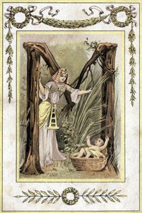 Brief die een Egyptische moeder die een verlaten kind vindt (Mozes redt wateren) voorstelt, eind 19e eeuw (chromolithografie)