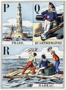 Letters P als vuurtoren, letter Q als kwartiermeester, letter R als vlot. Marine abecedarium van 16 pagina