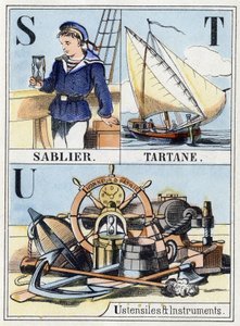 Letters S als zandloper, letter T als tartaan, letter U als gereedschap en instrumenten. Marine abecedarium van 16 pagina