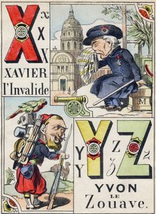 Letters X Y Z: Xavier de invalide en Yvon de Zouaaf. Gravure in "Comic Military Alphabet". Vijfde serie. Epinal beeld, eind 19e eeuw door French School
