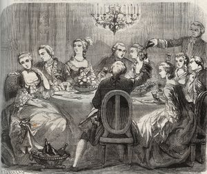 Libertinage: Christian VII (1749-1808), Koning van Denemarken en Noorwegen, tijdens een libertijns feest georganiseerd door de danseres Marie Madeleine Guimard (1743-1816) in haar huis in Pantin. Gravure uit 1871 in 
