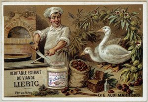 Liébig recepten: gans met kastanjes - chromo. Liébig door French School