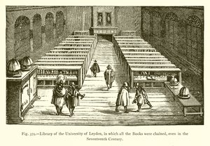 Bibliotheek van de Universiteit van Leiden, waarin alle boeken waren vastgeketend, zelfs in de zeventiende eeuw