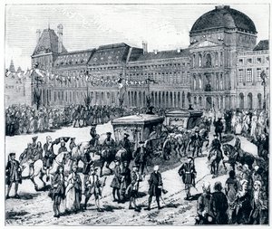 Het leven onder Lodewijk XV: de koning arriveert bij het Palais des Tuileries, waar de koningin en de dauphine op hem wachten - in "Parijs door de eeuwen heen" door Gerouillac