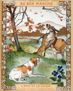 De ezel en de hond, fabel van La Fontaine - Bon Marché reclame-etiket door French School