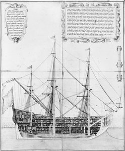 Longitudinale doorsnede van een bewapend en uitgerust schip, illustratie uit de Atlas de Colbert, plaat 47