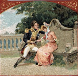 Lodewijk Alexandre Berthier (1753-1815), Prins van Wagram, met Madame Visconti, zijn minnares, in het Kasteel van Grosbois. Chromolithografie uit de late 19e eeuw