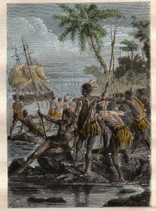 Louis Antoine, Graaf van Bougainville (1729-1811) arriveerde op het Ile des Lancies (Frans-Polynesië) in 1768 - illustratie uit 