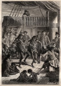 Louis Antoine, Graaf van Bougainville (1729-1811) ontving de inwoners van de Baai Fortescue (Straat van Magellaan) in zijn boot 
