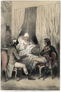 Louis Antoine Fauvelet de Bourienne (1769-1834), Franse diplomaat en bestuurder, en generaal Napoleon Bonaparte (1769-1821) vroegen een zieke oude kapitalist om geld voor de Italiaanse campagne. Plaat uit "Scenes de la vie des hommes célèbres" gravure in t door French School