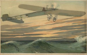 Louis Bleriot maakt de eerste vlucht over het Kanaal in een zwaarder vliegtuig, 25 juli 1909 (kleurenlitho)
