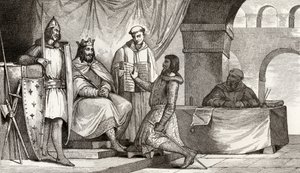 Lodewijk II (848-79) de Stotteraar ontvangt een eed van trouw van een edelman, uit 