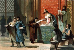 Lodewijk VI genaamd Le Gros (1081-1137) gaf de postcharters van de gemeenten. Chromolithografie rond 1890.