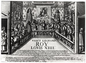 Lodewijk XIV (1638-1715) die recht spreekt (xylografie) door French School