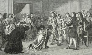 Lodewijk XIV (1638-1715) de Zonnekoning presenteert zijn kleinzoon Filips V (1683-1746) aan de Spaanse gezanten, uit 