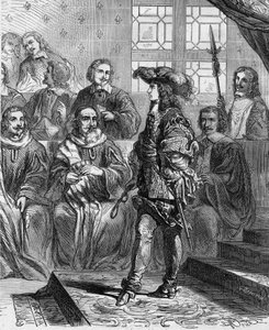 Lodewijk XIV (1638 - 1715) was 17 jaar oud in 1652 voor het parlement en dwong de president om de vergadering te ontbinden. Gravure in 