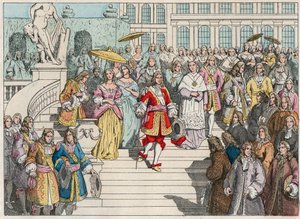 Lodewijk XIV en zijn hof in Versailles - Lodewijk XIV van Frankrijk en zijn hof in Versailles - Gravure van het einde van de 19e eeuw in 