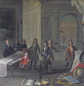 Lodewijk XIV woont een les bij van zijn achterkleinzoon, de toekomstige Lodewijk XV, ca. 1715 door French School