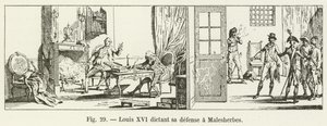 Lodewijk XVI dicteert zijn verdediging aan Malesherbes door French School