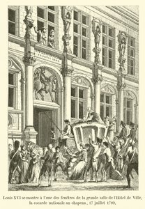 Lodewijk XVI toont zich aan een van de ramen van de grote zaal van het stadhuis, met de nationale kokarde op zijn hoed, 17 juli 1789 door French School