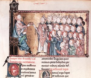 Lodewijk X (1289-1316) de Koppige geeft het handvest aan de Normandiërs, uit Le Grand Coutumier de Normandie, ca. 1340 door French School